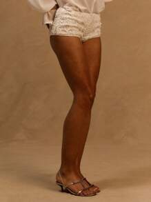 MUSERA Quần short cực ngắn họa tiết vỏ sò, phong cách nghỉ hè Ibiza, đi biển, đính sequin trắng, họa tiết đảo, lễ Phục sinh, phong cách thường ngày. - Kem - Xem 4