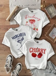 Attitoon 3pcs Set Casual Retro Cocktail & Cherry Letter Graphic Minimalist Design Crew Neck Short Sleeve Tight Cropped Women T-Shirts, Suitable For Summer Suitable For Going Out - White - View 11