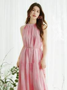 SHEIN LUNE 女款2025夏季度假扎染纹理印花无袖连衣裙 - 粉色 - 查看 4