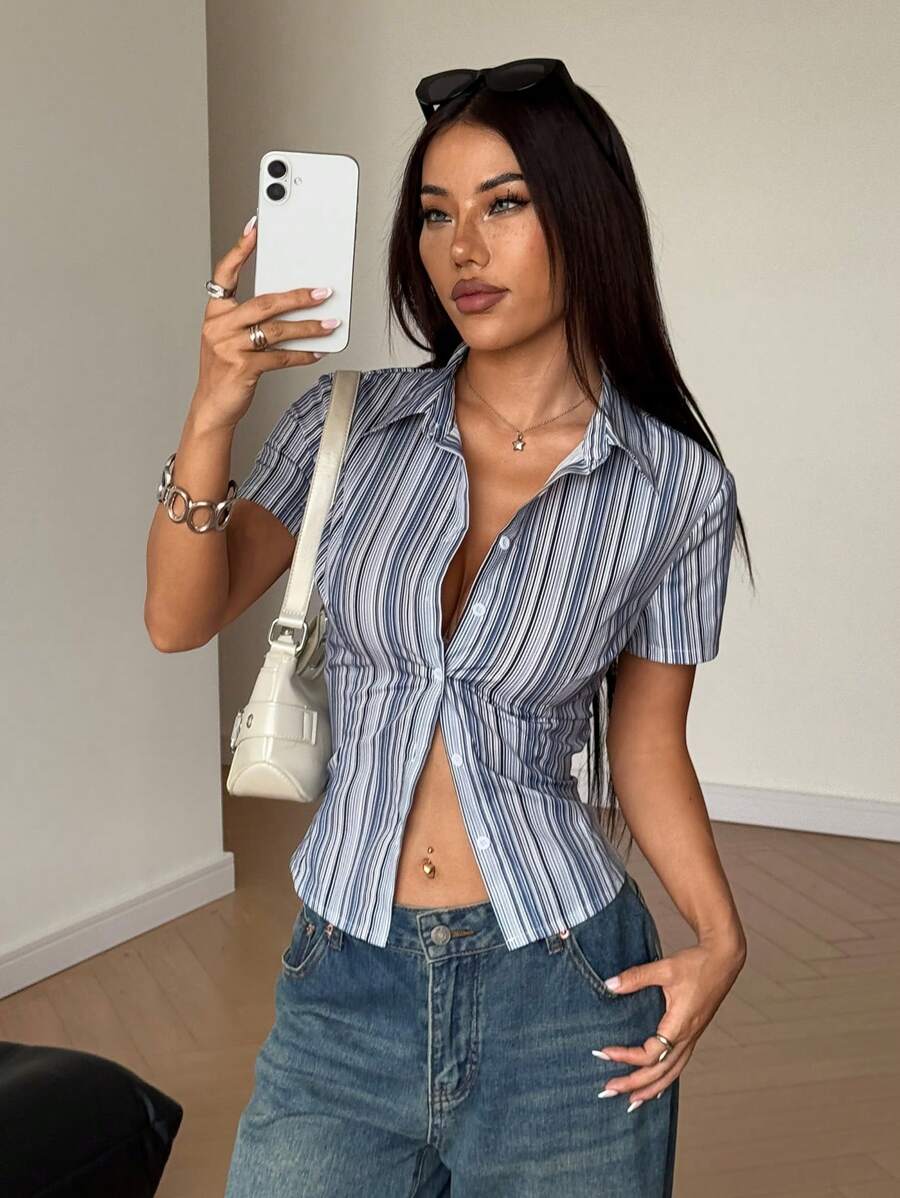 Flirla 女士条纹腰部收紧休闲优雅办公室/工作衬衫 - 寶藍色 - 查看 1