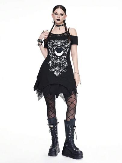 Goth T-shirt court à manches courtes, col épaules dégagées, ourlet asymétrique, avec superposition de dentelle, imprimé plante et lune gothique. Idéal pour la plage, les vacances et la remise des diplômes