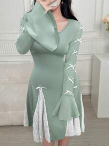 Modelyn Women's Bowknot Decor Round Neck Flare Sleeve Elegant Mid-Length Dress - Green - View 4