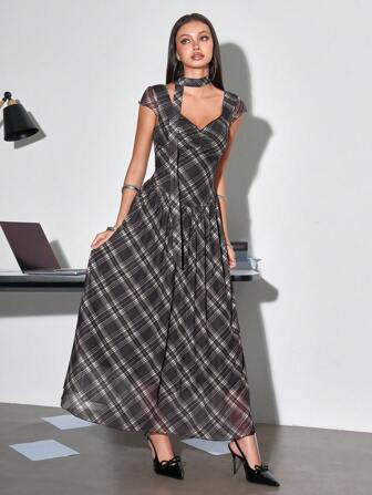 J-Fashion Vestido de malla con patrón de cuadros estilo Y2K coreano