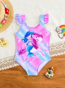 Bañador de una pieza con volantes y estampado de unicornio lindo para bebé/niña pequeña, conjunto de playa de verano para niñas bebés