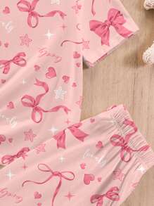 SHEIN 2pcs Cute Pink Bow & English Letter Print Tween Girls Loose Casual Home Pajama Set, Crew Neck Shorts & Pants - Multicolor - View 5