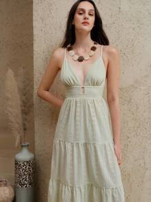 Chiquease Green Boho Long Dress For Women: Sleeveless, Tiered, And Eyelet Embroidered Design With Spaghetti Straps, Ideal For A Casual Summer Look - Green - View 4
