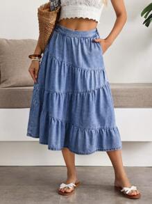 Breezaya Jupe mini en denim décontractée et superposée pour femmes - Bleu azur - Voir 3