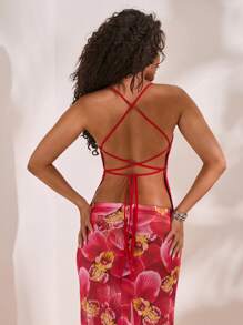 Opulessa 女士无袖亮片刺绣露背上衣，纯色，适合外出、音乐会、派对、夜店、秋季穿着，时尚百搭，亦可搭配美人鱼、波西米亚风、伊比沙岛风、西部风等。 - 紅色 - 查看 2