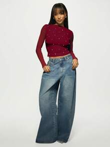 MISSGUIDED 网纱袖水晶装饰露脐上衣，适合假日派对晚宴，冬季优雅闪亮水钻俱乐部修身亮片弹力时尚圣诞 - 酒紅色 - 查看 4