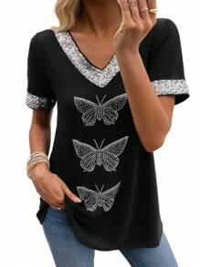EMERY ROSE Maglietta casual da donna a maniche corte con scollo a V, con paillettes, stampa con farfalle e strass, vestibilità morbida, adatta per primavera/estate