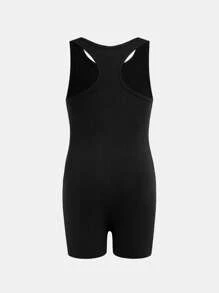 Young Girl Solid Color Letter Graphic Casual Romper - Brown - View 4