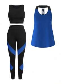 Easithlete 3pcs Sport Suit: Black Crew Neck Tank Top + Contrast Color Pants + Letter Graphic Halter Neck Sleeveless Top Women S Athletic Sets Workout Clothes Women Women Clothing Athletic Workout Gear Women