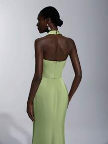 SHEIN Belle Elegant And Romantic Olive Green Halter Design, Asymmetrical Pleating, Modified Body, Slim Fishtail Hem, Suitable For Dating, Vacation, Wedding, Bridesmaid Dress - Olive Green - View 6