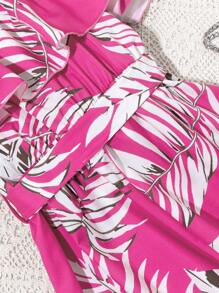 Teen Girls' Leaf Print Open Shoulder Jumpsuit, Summer Vacation - Hot Pink - View 3