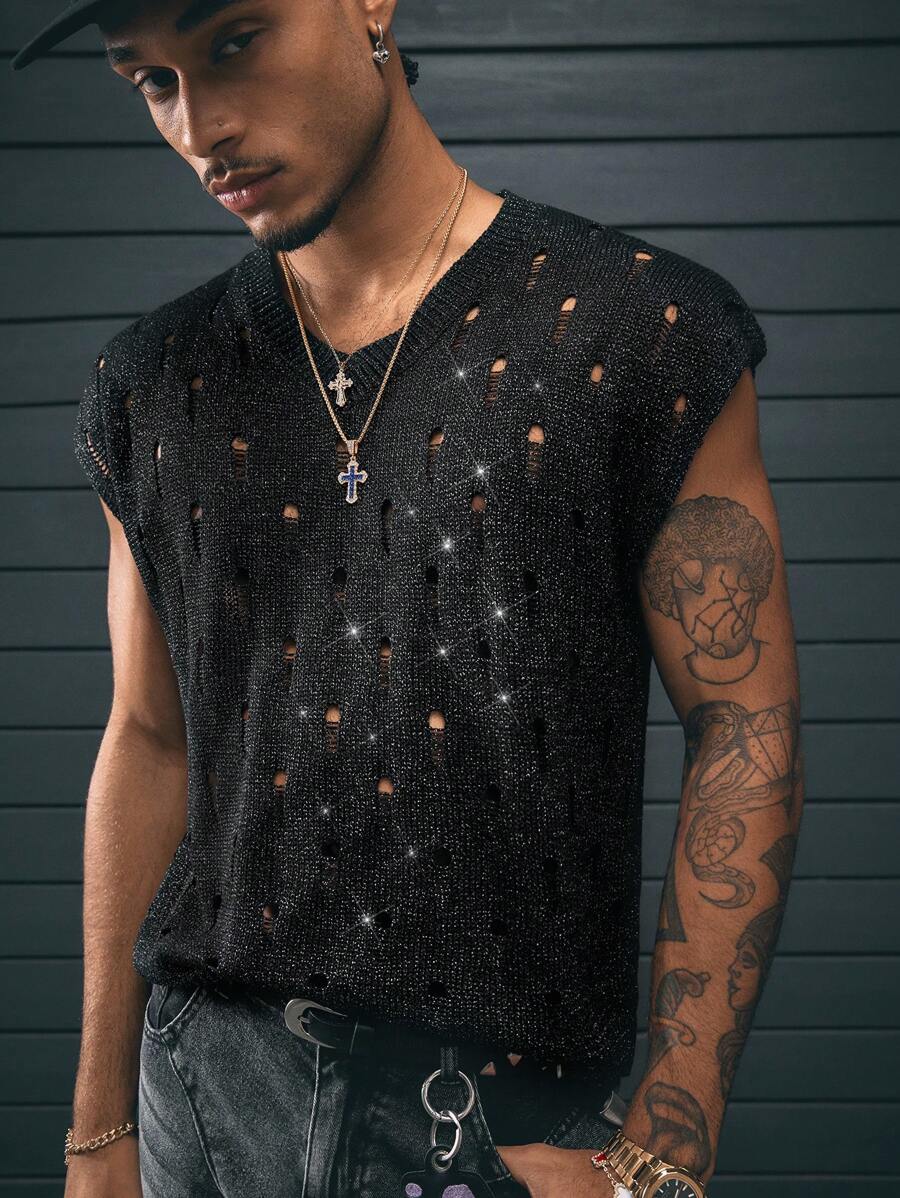 AXEPEAK V-Neck Hollow Design Men's Knitted Sleeveless Vest, Fashionable Shiny Fabric - Black - View 1