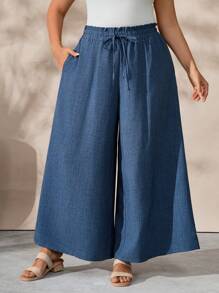 EMERY ROSE Plus Size Solid Color Tie-Knot Pocket Loose Casual Vacation Pants - Blue - View 1