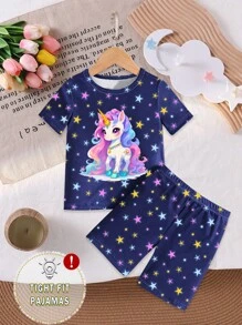 SHEIN 小女孩睡衣套装，蓝色独角兽印花，弹力面料短袖上衣和短裤两件套舒适睡衣 - 藍色 - 查看 7