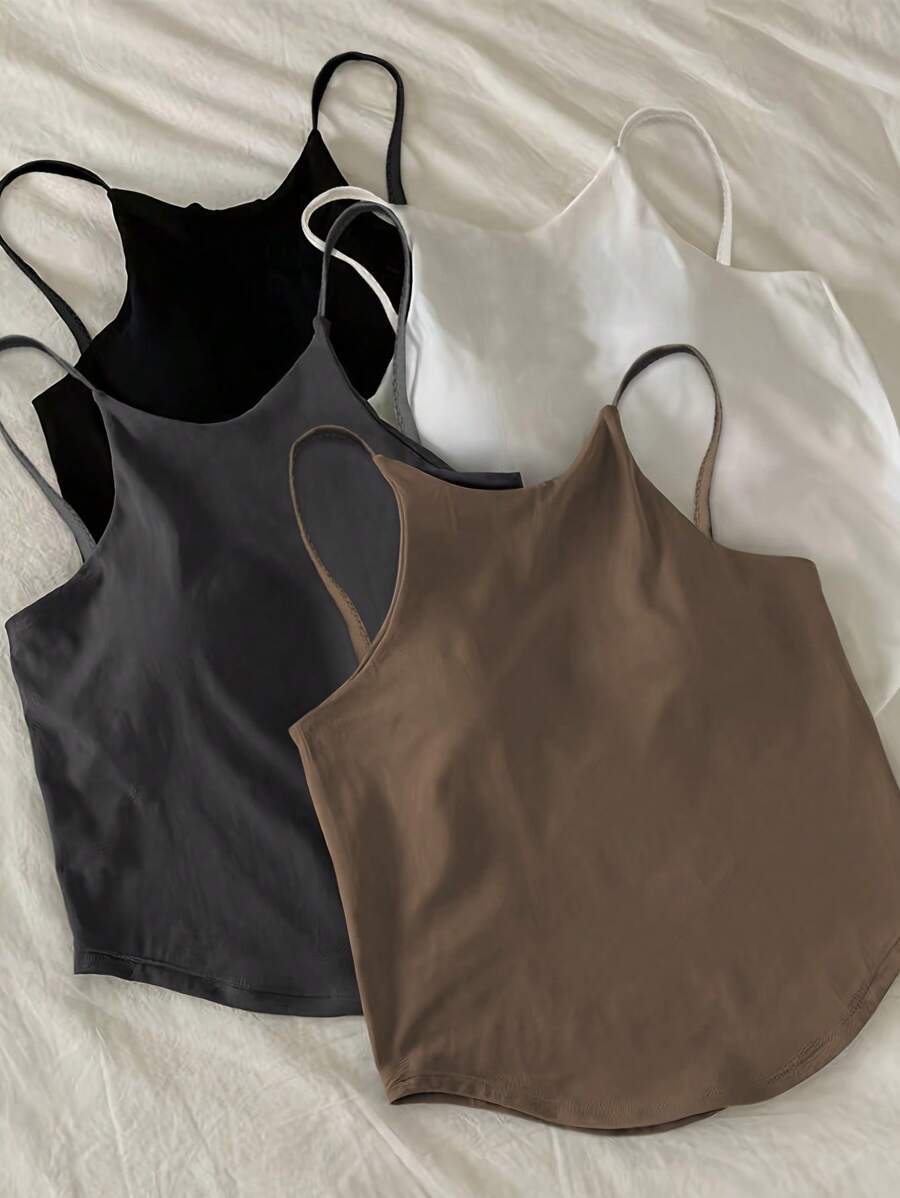 SHEIN Áo thun nữ cổ tròn màu trơn đơn giản có dây đeo mảnh có thể điều chỉnh, mùa hè - Nhiều màu - Xem 1