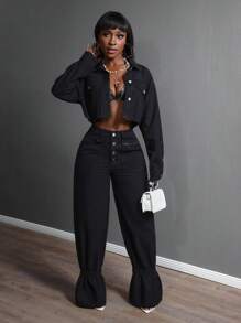 Slaydiva Women Casual Solid Color Flared Jeans - Black - View 4