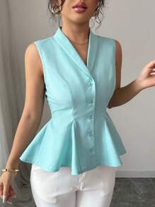 Elenzga Women's Simple Single-Breasted Ruffled Hem Suit Vest For Commuting