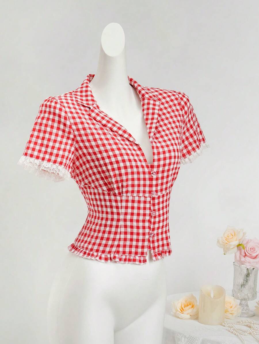 Sweetina 红白格子 V 领蕾丝拼接女式衬衫 - 紅白色 - 查看 1