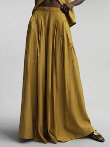 Ontre 2 piezas Traje casual cómodo para mujer, tela de lana y tencel, color mostaza, camisa sin mangas con cuello y pantalón de pierna ancha, Colección nueva 2025, versátil para todas las estaciones, vestimenta casual de oficina, conjunto urbano de alta calidad para viajes, moda premium para el aeropuerto