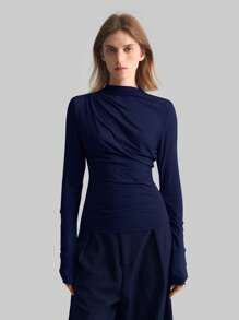 Ontre Stockholm Style, Women's Teacher Outfit, Autumn Fashion, 2025 Women's Autumn Basic High Collar Long Sleeve T-Shirt, Asymmetric Hem Ruched Top, Navy Solid Color Round Neck Long Sleeve Women's Blouse Basic Top, Women's Office Wear
