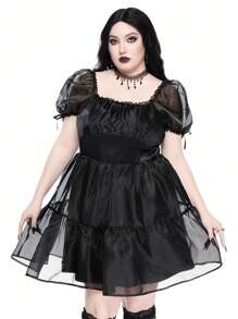 ROMWE Goth Plus Size Halloween Vintage Romantic Organza Layered A-Line Dress