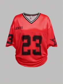 SHEIN Girlism 少女红色数字和字母印花拼接篮球球衣 T 恤上衣和黑色工装口袋裤两件套休闲街头服饰 - 紅色 - 查看 9