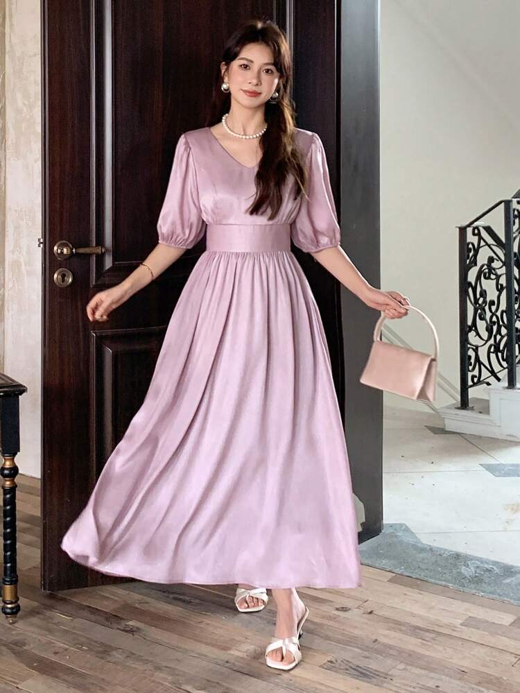 Women's Elegant Solid Color Puff Sleeve Cinched Waist Dress, Spring/Summer Maxi Dress