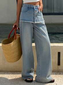 DAZY Quần Jeans Ống Rộng Thẳng Lưng Cao Rộng Cho Nữ - Màu xanh lam - Xem 3