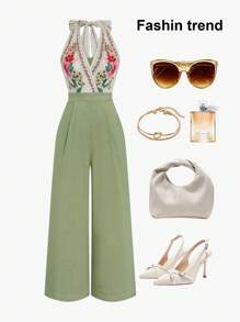Celure Plus-size rozenprint contrasterende kleur strik voorkant elegante romantische wijde pijpen jumpsuit, nieuwe editie, Valentijnsdag