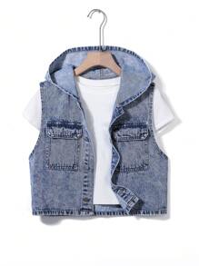 SHEIN 2pcs/Set Tween Boy New Spring/Summer Hooded Sleeveless Denim Vest & Cargo Denim Shorts - Medium Wash - View 3