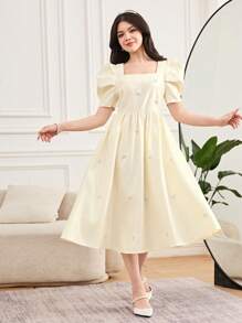 SHEIN 少女优雅珍珠串珠方领羊腿袖荷叶边下摆梭织缎面连衣裙，适合婚礼、派对、生日、聚会、春夏季 - 杏色 - 查看 6