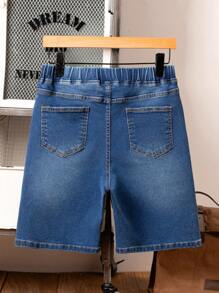 SHEIN Teen Boy Fashion Casual Drawstring Design Dark Blue Elastic Waist Tight Denim Shorts For Teen Boy Clothes Boys Soft Dailywear And Teen Boy Summer And Spring Clothes - Blue - View 2