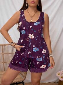 SHEIN LUNE 2pcs Plus Size Women Summer Floral Print Vest And Shorts Set - Red Violet - View 1