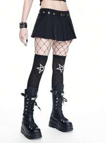 SHEINxHITOMI ROMWE Punk Sexy Super Low Waist Metal Eyelet Pleated Mini Skirt For Women - Black - View 3