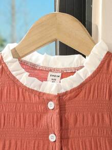 Young Girl Summer Lace Puff Sleeve Textured Patchwork Dress - Rust Brown - View 6