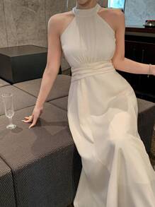 DAZY Solid Color Halter Tie Neck Midi Dress For Women Wedding Women Dresses Prom Dress