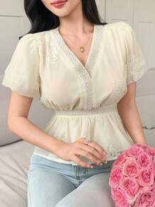 DAZY Women's Faux Pearl Beaded V-Neck Puff Sleeve Blouse,Ruffle Vacation - Apricot - View 7