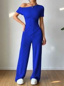 Flirla Women Two Pieces Outfits For Daily Wear - Royal Blue - View 4