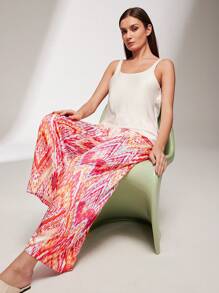 LUVLETTE 丝缎基本款粉色背心和图案裤家居服透气睡衣套装裤子带口袋内衣外套女士休闲套装 - 玫紅色 - 查看 5