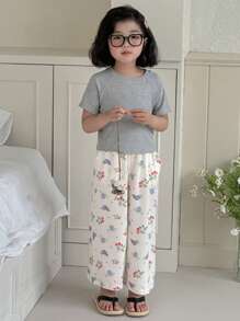 DAZY Young Girls Round Neck Knit Short Sleeve T-Shirt + All-Over Print Long Pants Home Set, Spring/Summer - Light Grey - View 2