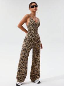 SHEIN EZwear 女士豹纹性感牛仔连体裤 - 彩色 - 查看 5