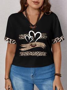 EMERY ROSE Plus Size Women's Casual Leopard And Heart Printed Loose Short Sleeve T-Shirt, Suitable For Summer