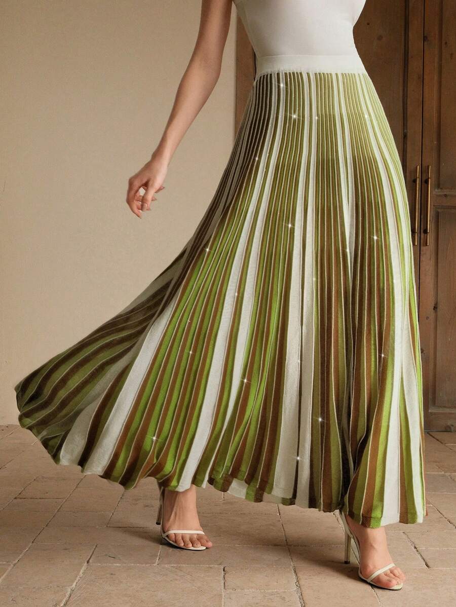 Anewsta 女士优雅针织褶皱闪亮亮片裙，适合节日、春季、商务休闲、朴素风格、Oldmoney - 綠色 - 查看 1