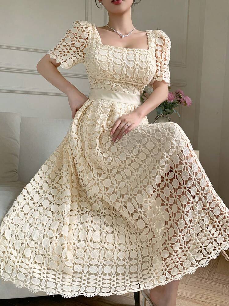 Square Neck Lace Ladies Elegant Short Sleeve Mid-Length Dress Maxi Dress