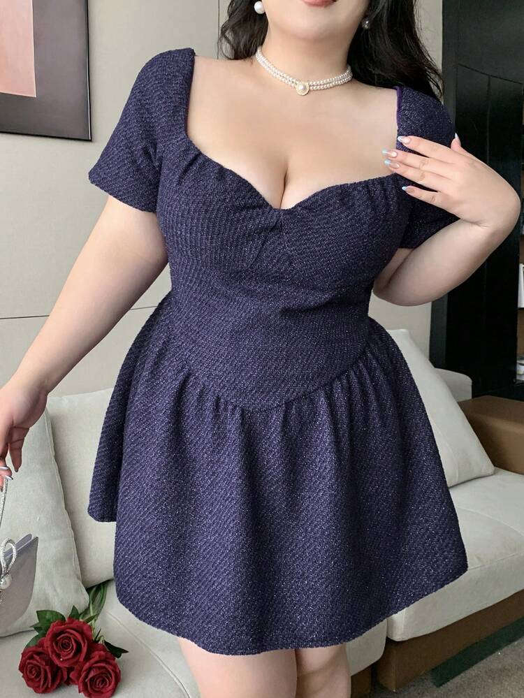 Dazy Plus Plus Size Puff Sleeve Fitted Wide Neck Banquet Mini Dress, Purple Summer Prom Dress Elegant Women Dresses