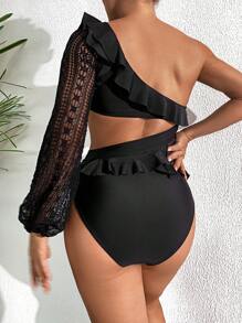SHEIN Swim Elegant Solid Color Frill One Shoulder Hollow Out Long Sleeve Women One-Piece Swimsuit, Summer - Black - View 2