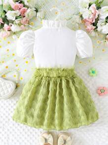 SHEIN 2 Pieces Set: Girls Embroidered Ruffle Blouse + Tulle Frill Hem Skirt - Green - View 2